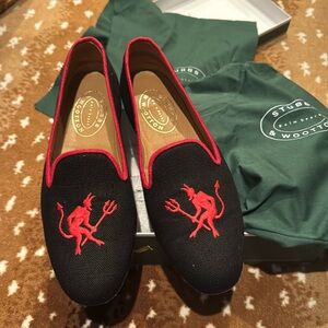 Stubbs &  Wootton black linen red devil loafer slippers